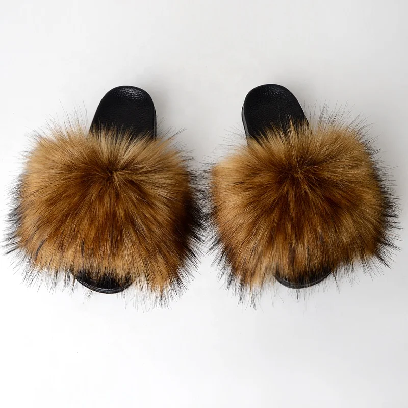 QIUCHEN OEM ODM New Arrival  EVA sole quality faux fur raccoon fox slippers