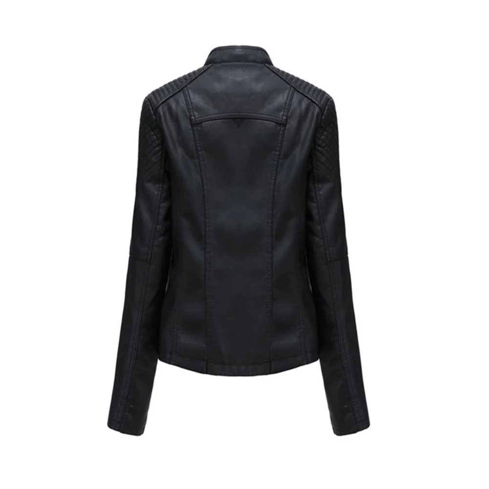 High Quality Women Faux Leather Jacket Long Sleeve Lapel Zip Up Short Coat with Pockets