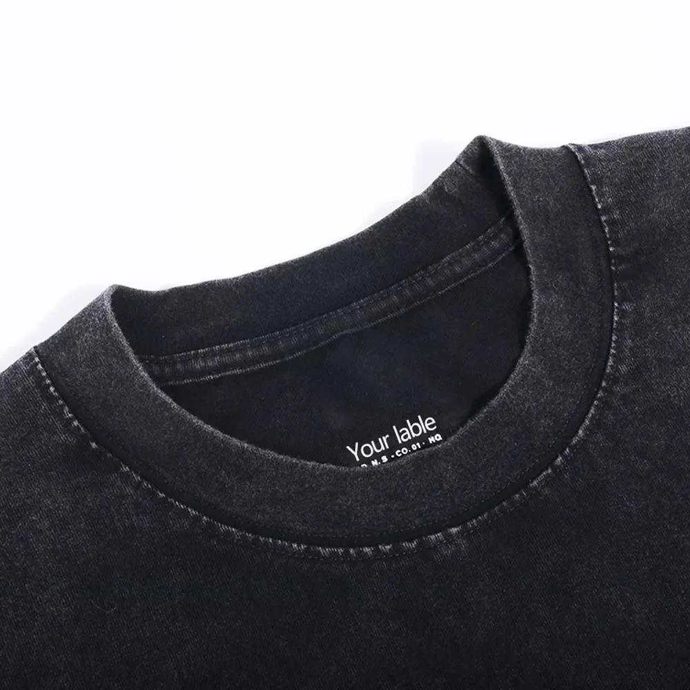 Acid washed heavy cotton vintage custom oversize unisex black retro round neck loose black acid wash t shirt