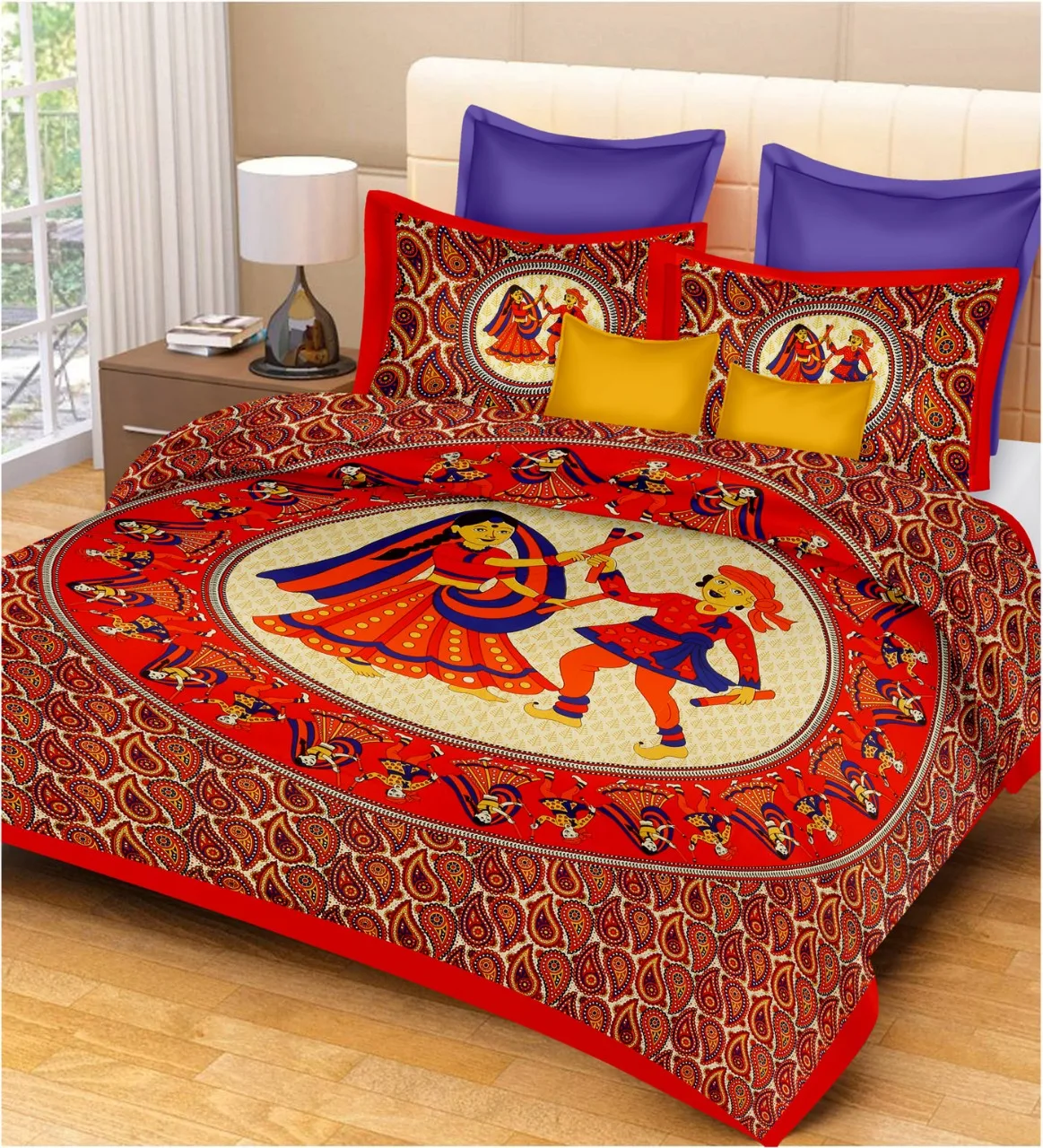 Indian Handmade 100% Cotton Rajasthani Bedsheet Double Bed Set 1 Double Bedsheet with 2 Pillow Cover