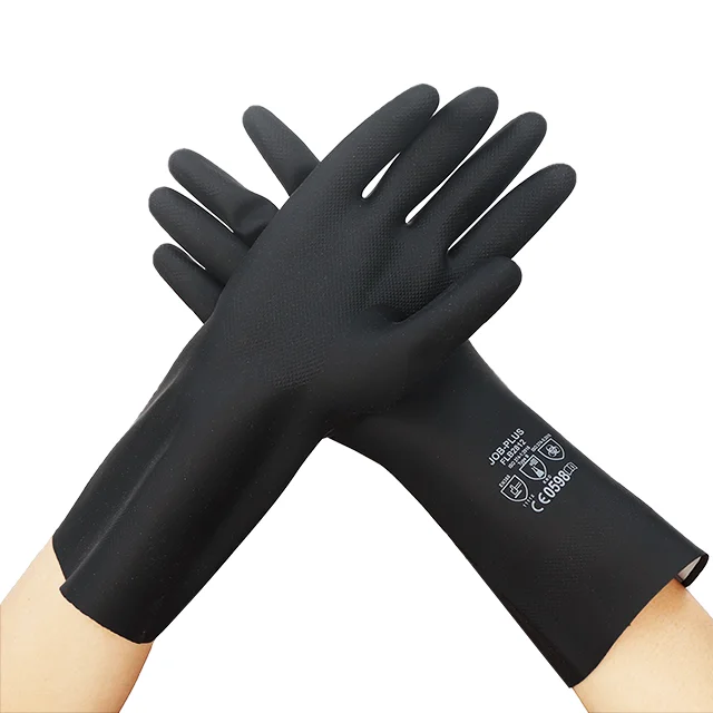 Durable black work gloves, heavy duty waterproof rubber gloves, thick safety gloves for industy and contruction use