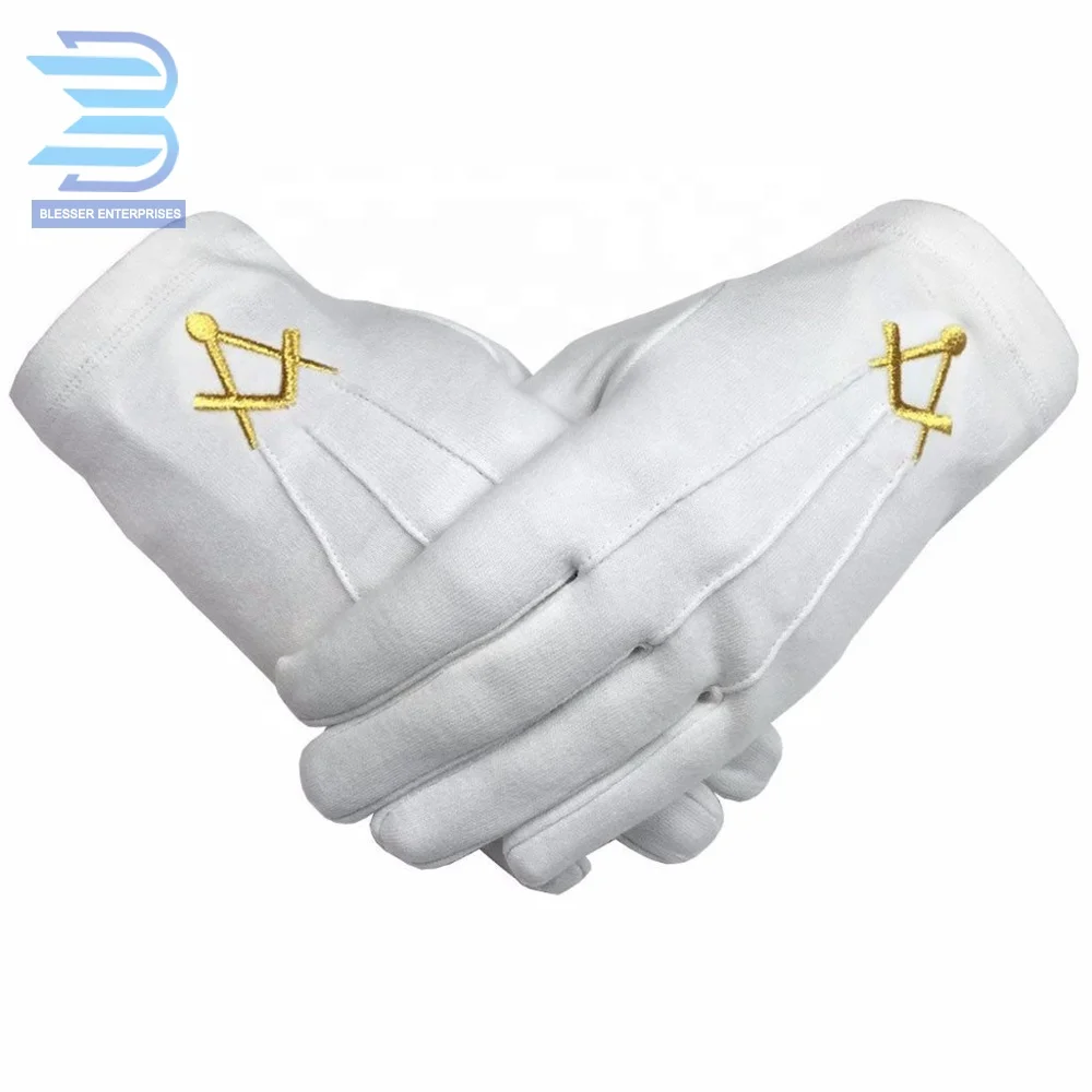 Masonic Glove Acacia Leaf Gold Machine Embroidery White Cotton Gloves
