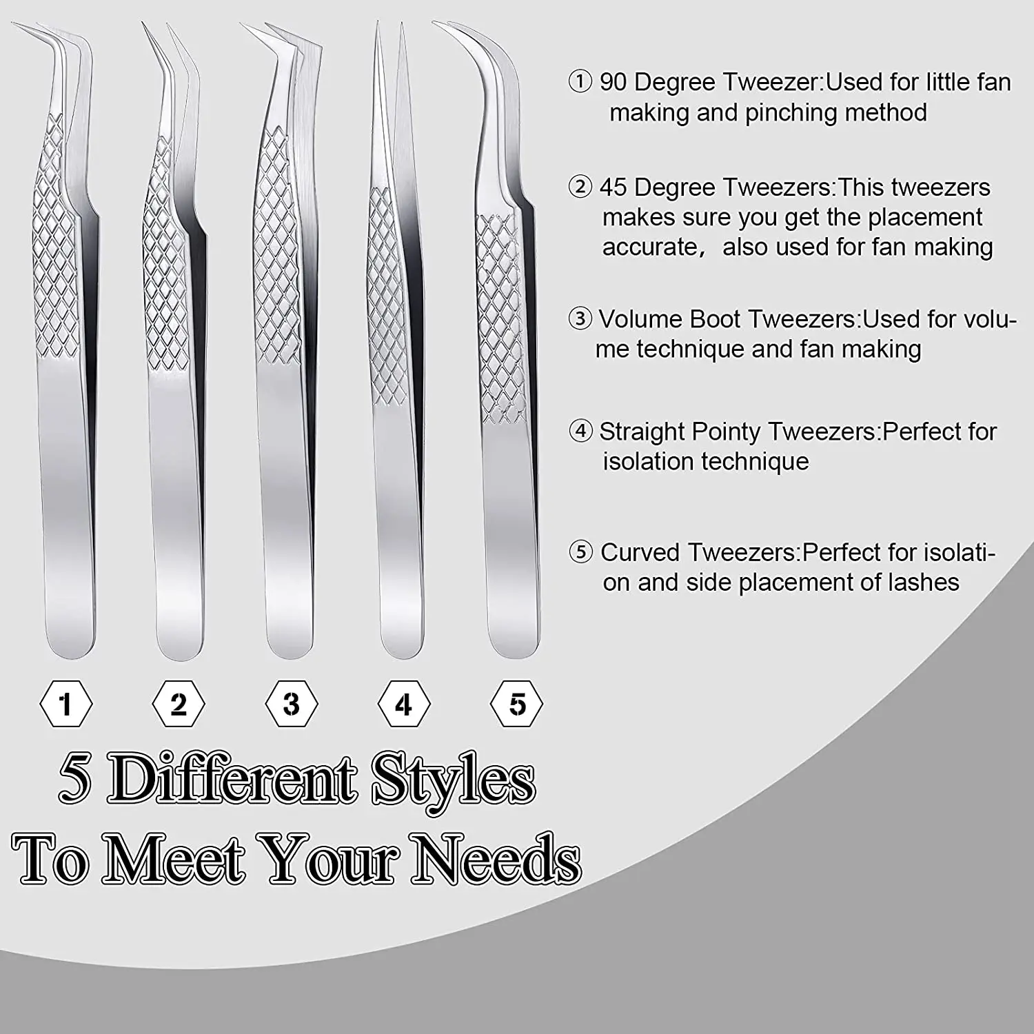 eyelash extension tweezers 5 pieces set straight and curved tip false lash tweezers eyelash volume tweezers stainless steel