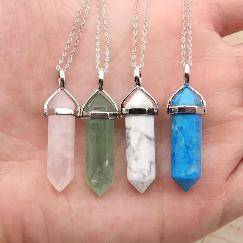 BEAUTIFUL ALL GEMSTONE PENCIL PENDANTS / NATURAL HEALING CRYSTAL DOUBLE TERMINATED POINT PENDANT / GOLDEN- SILVER CHAIN PENDANTS