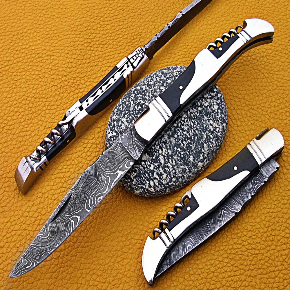 100% оптовая продажа высокое качество ручной работы Дамасская сталь складной нож/карманный нож для повседневного использования, с ручкой рожка и кожа оболочки SCW-FK-0063
