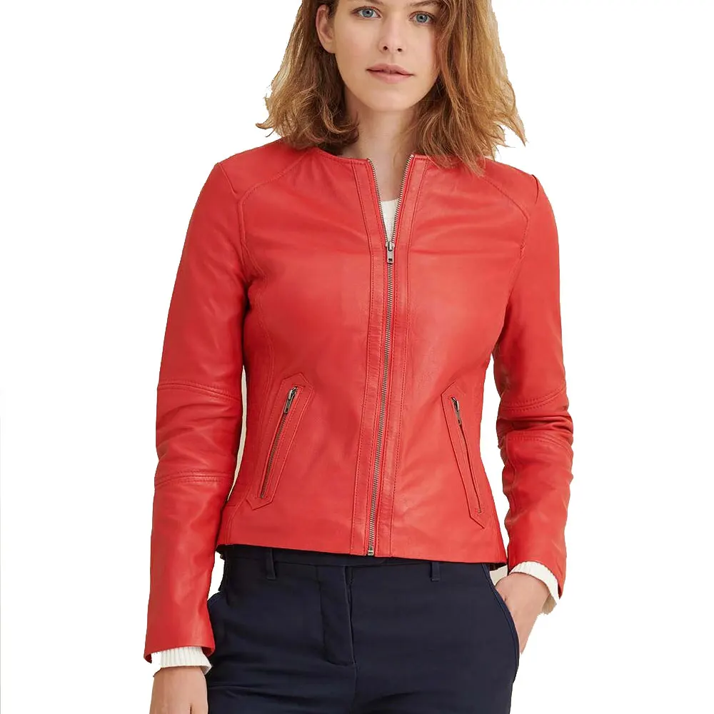 2021 New Arrival Ladies Cowhide genuine leather jackets Women Red Belted Plus Size Cropped Long Sleeve Leather Bomber Jacket