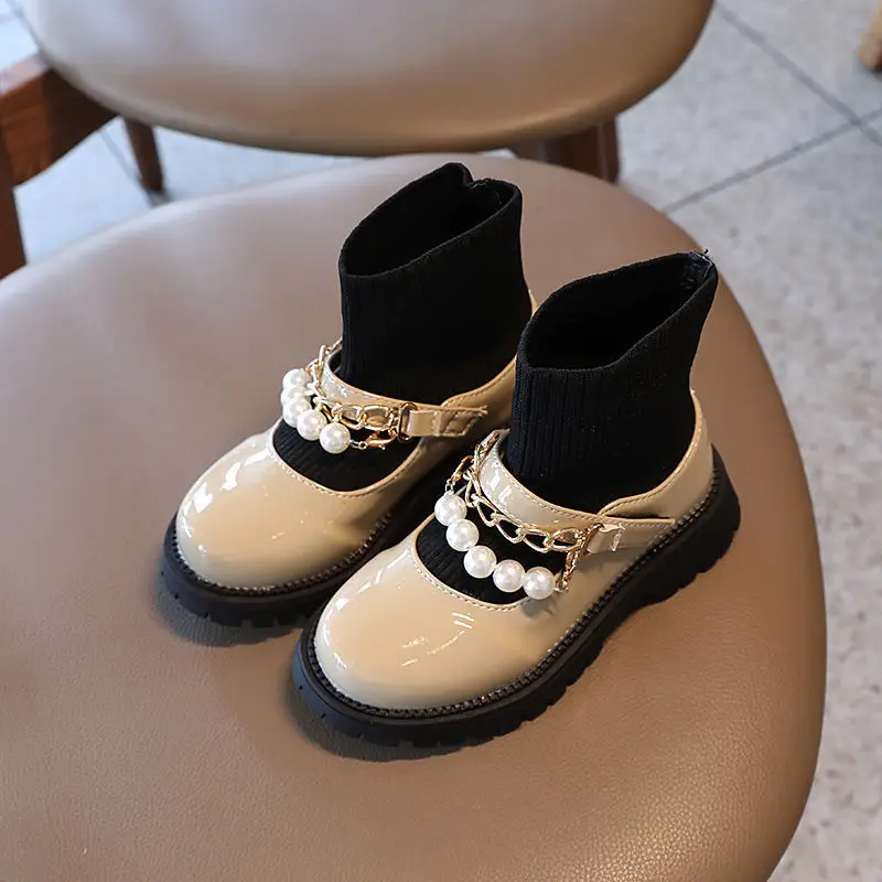 Fashion shoelace free warm kids winter boots With pearl chains girls leather for outdoor