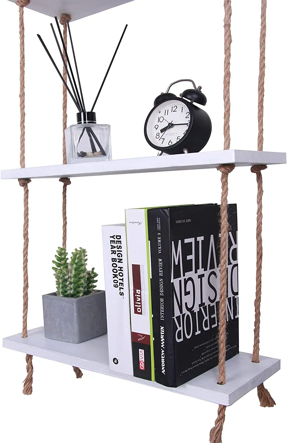 Rustic Rope Hanging Shelves for Wall Wood Window Plant Shelf Indoor 3 Tier Rustic White