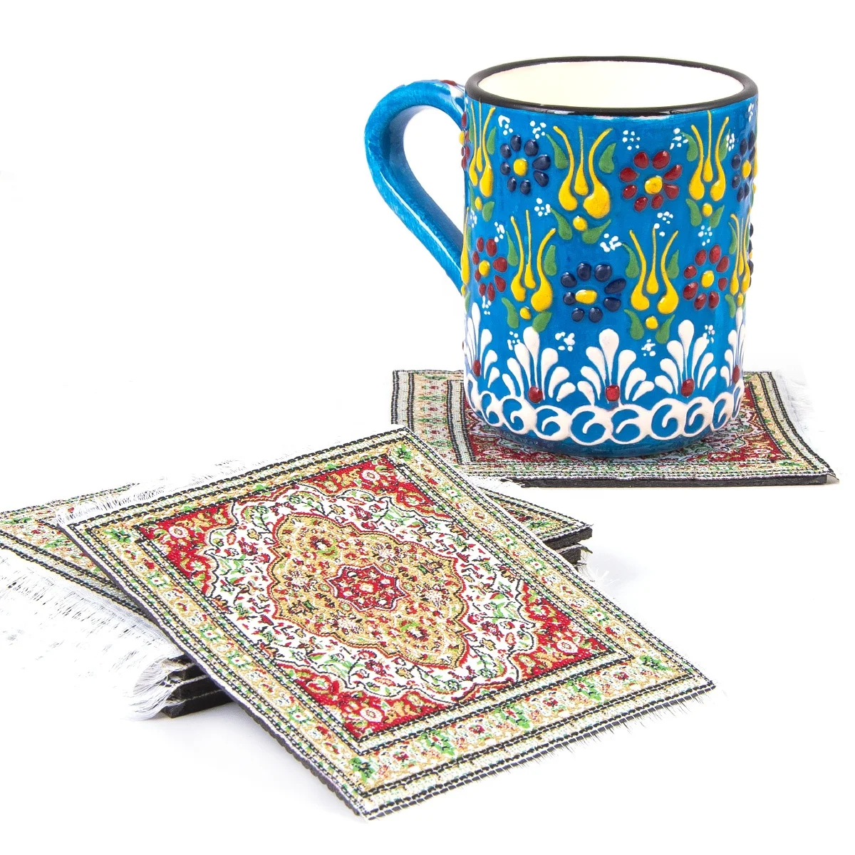 Turkish Vintage Miniature Carpet Woven Set of 6 Tea - Coffee Coaster Mat