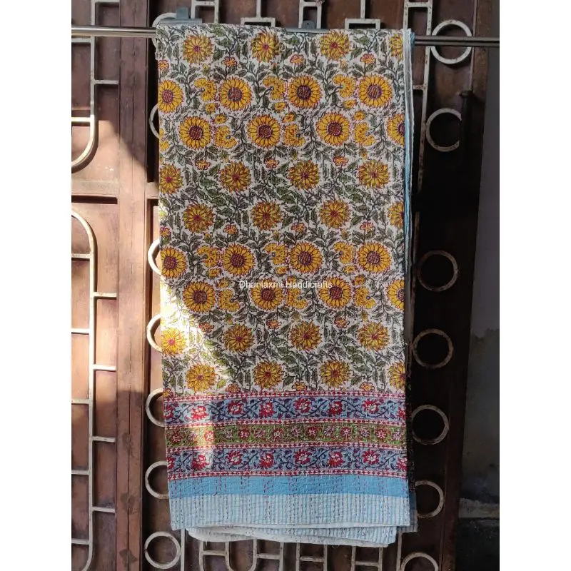 New Multi-Colour Indian Handmade Print Floral Cotton Kantha Quilt Beautiful Wholesale Kantha Bedspread