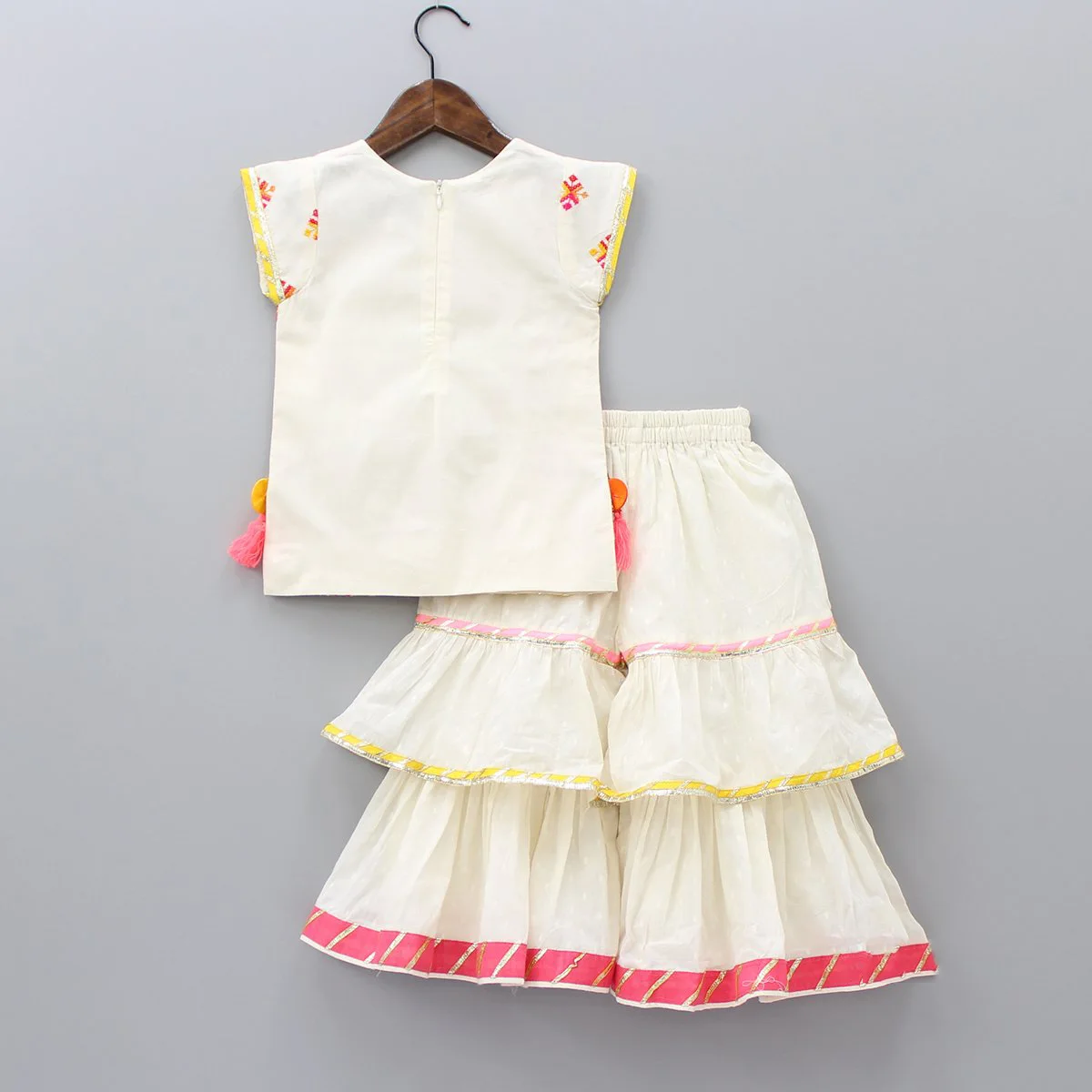 White Multicolour Bootie Kurti And Sharara With Dupatta Multicolour Thread Embroidery Layered Sharara Frills And Lace Attached