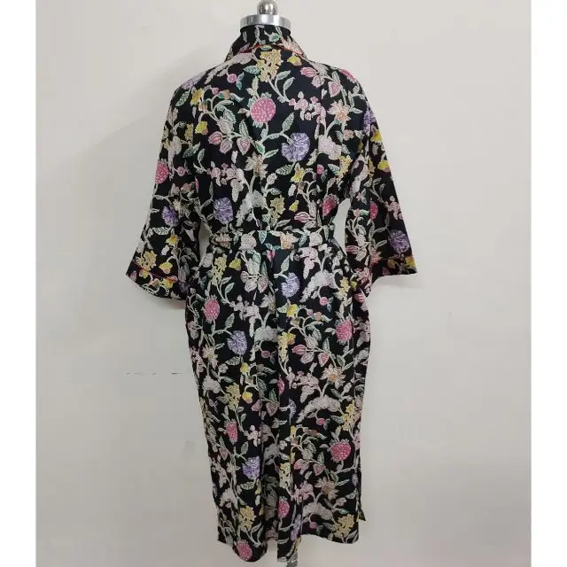 Black Floral Printed Cotton Kimono Sexy Bathrobe Indian Cotton Long Night Suit Summer Wear poncho Maxi Dress