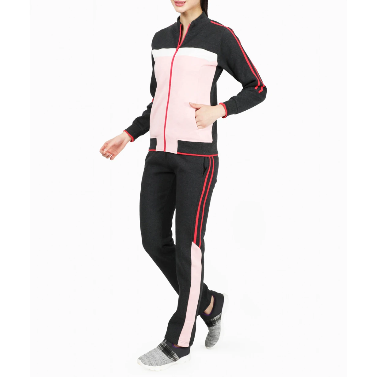 Женский спортивный костюм с воротником-стойкой пиджак длинными рукавами и ребристыми манжетами брюки до щиколотки застежкой-молнией