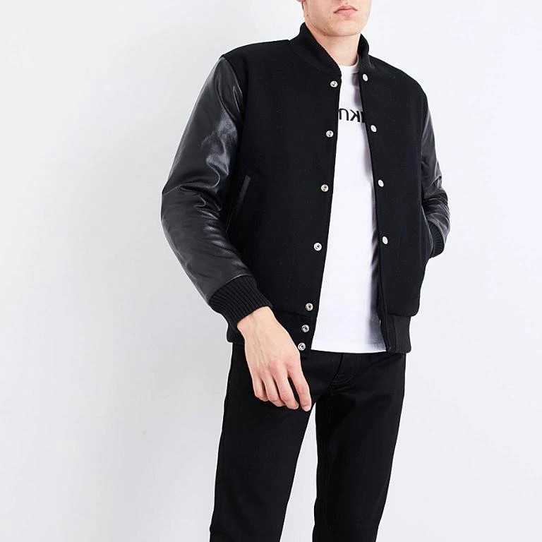 Black Color Custom Men Wool Varsity Jackets Wholesale Custom With Leather Sleeves/ Custom Wool Cheap Leather Varsity Jackets