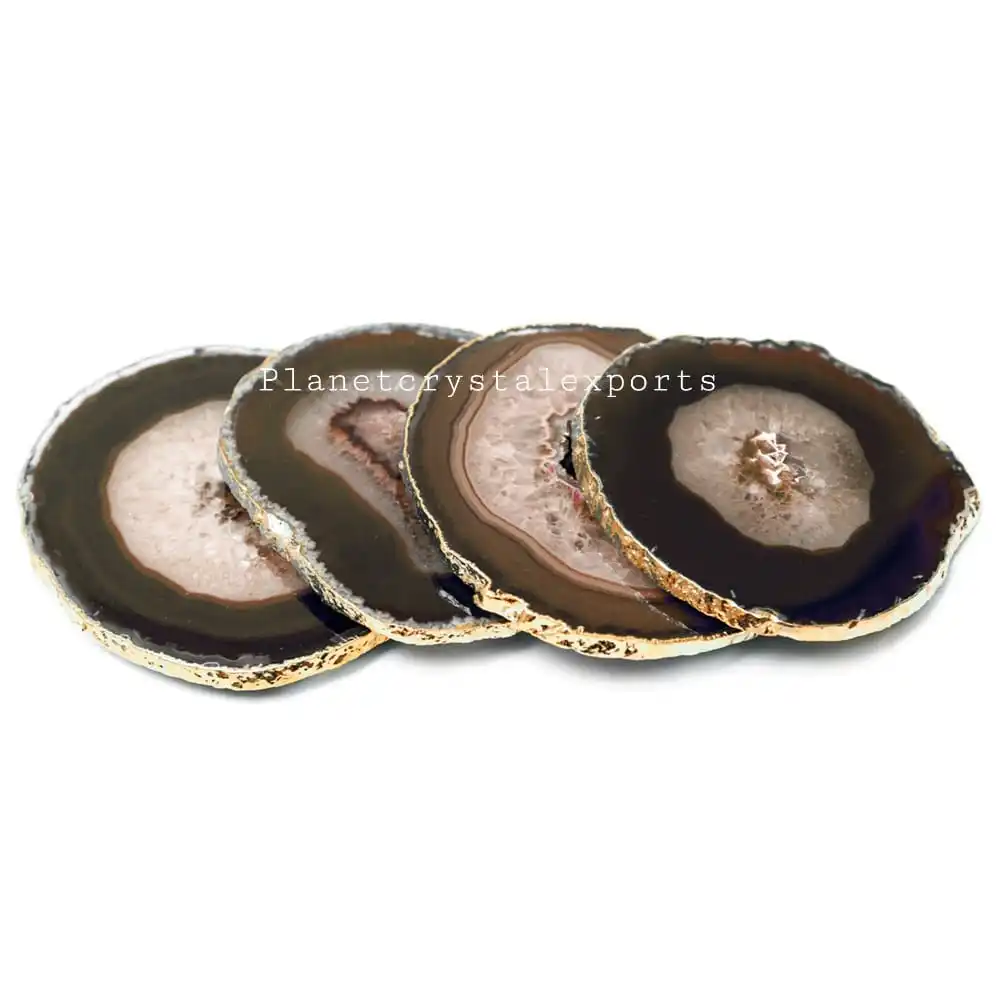 Agate Coaster/Wholesale Natural Black Agate Coaster With Gold & Silver Plated Rim Buy From Planet Crystal Exports
