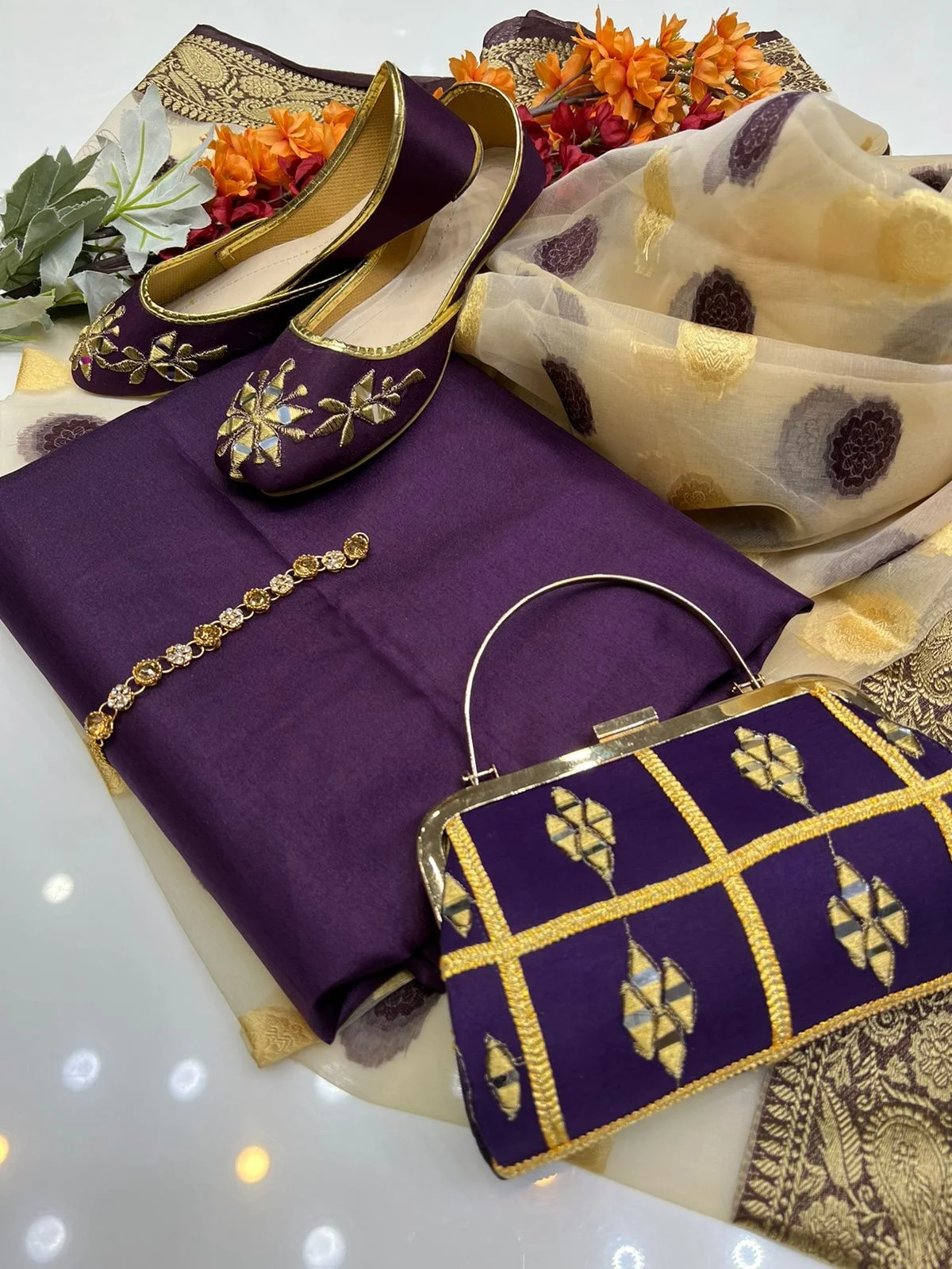 Pakistani Women Clothing 3 Piece Kattan Silk Suit with Printed Organza Dupatta with Clutch & Khussa