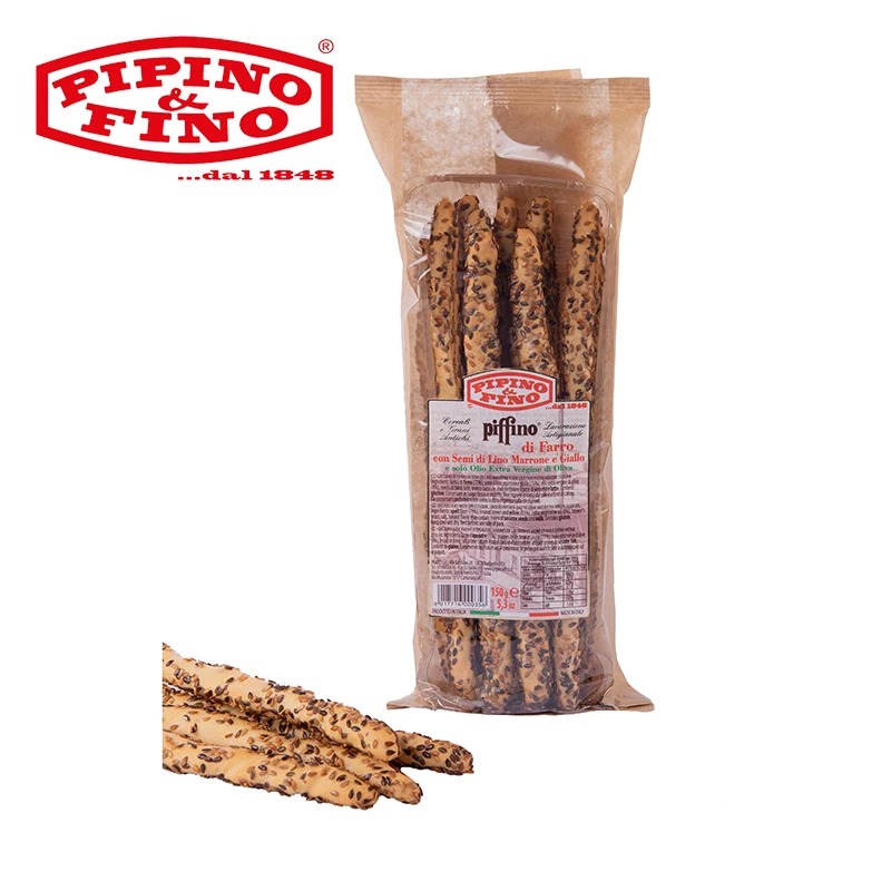 Top Quality artisan spelled breadsticks Piffino with brown and yellow linseed seed and extra virgin olive oil 150g For Export