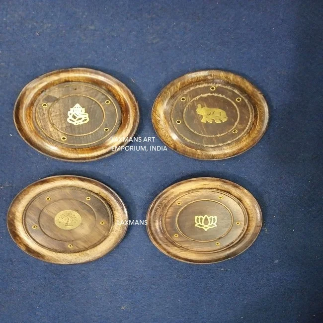 New Mango Wood Round Incense Burners With Brass Inlaid Incense Sticks Burners Wholesale Supplier From India