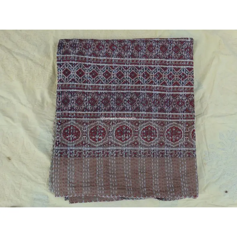 Оптовая Продажа Покрывало Kantha домашнее декоративное индийское Ajrakh ручной принт коричневый цвет красивое Хлопковое одеяло работы