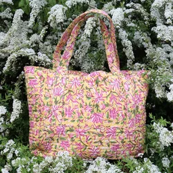 Hand Block Printed Cotton Beach Bag Quilted Large Gypsy Tote Purse Bohemian Carry shoulder bag