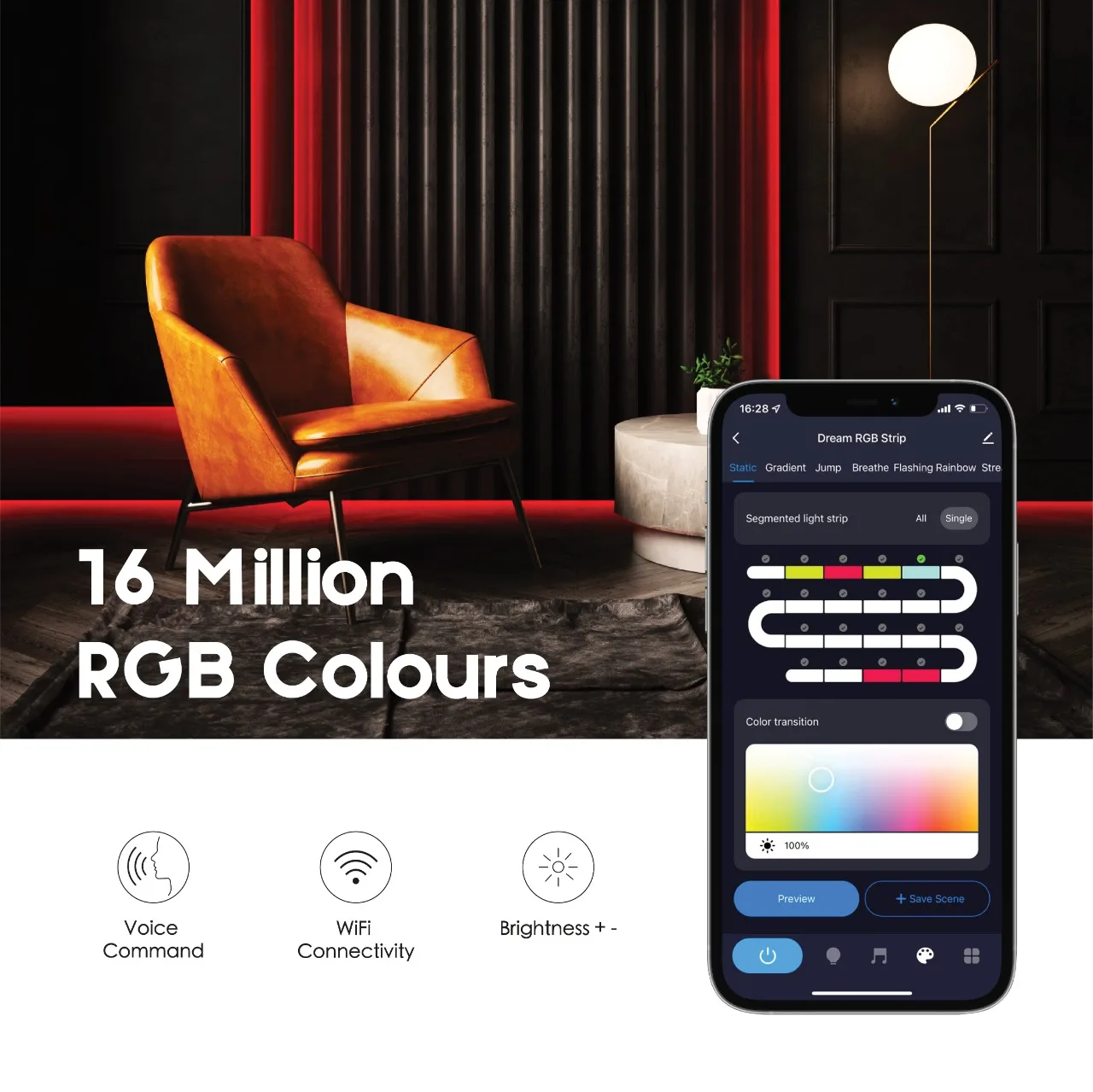 New trending 5 metere long Porodo brite 48W Smart LED light Strip, RGB Lighting compatible with android and iOS