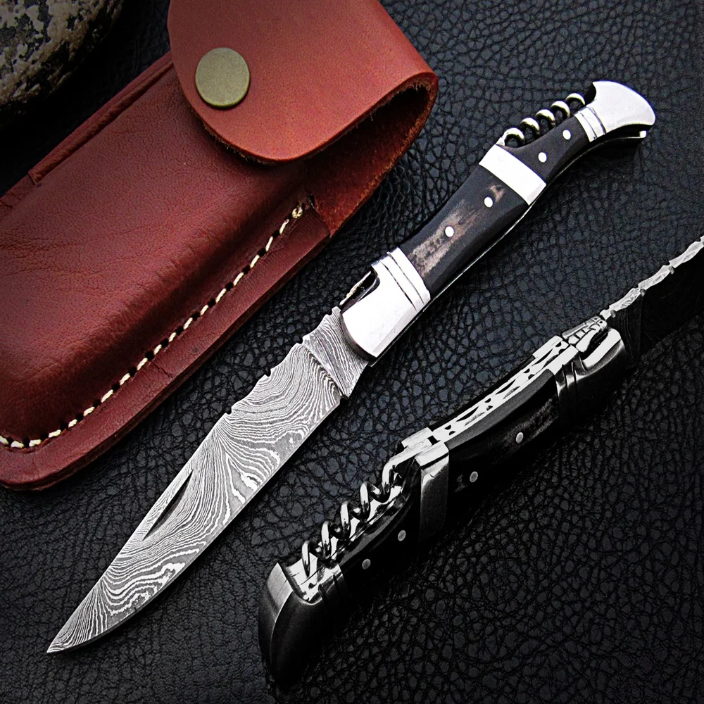 100% wholesale Top quality Damascus steel handmade folding knife/pocket knife horn handle with leather sheaths SCW-FK-0051