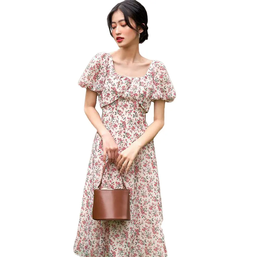 Новое поступление весенние платья женское шифоновое платье-миди с пышными рукавами Повседневное платье принтом во