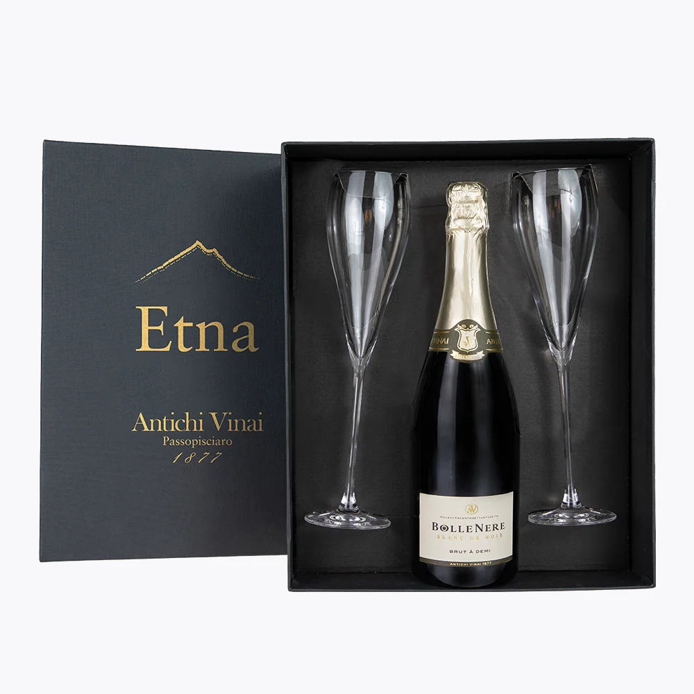 (On demand) Etna Sparkling Wine Tasting PRESTIGE GIFT BOX - 2 flutes and Sicilian Sparkling wine Nerello Mascalese