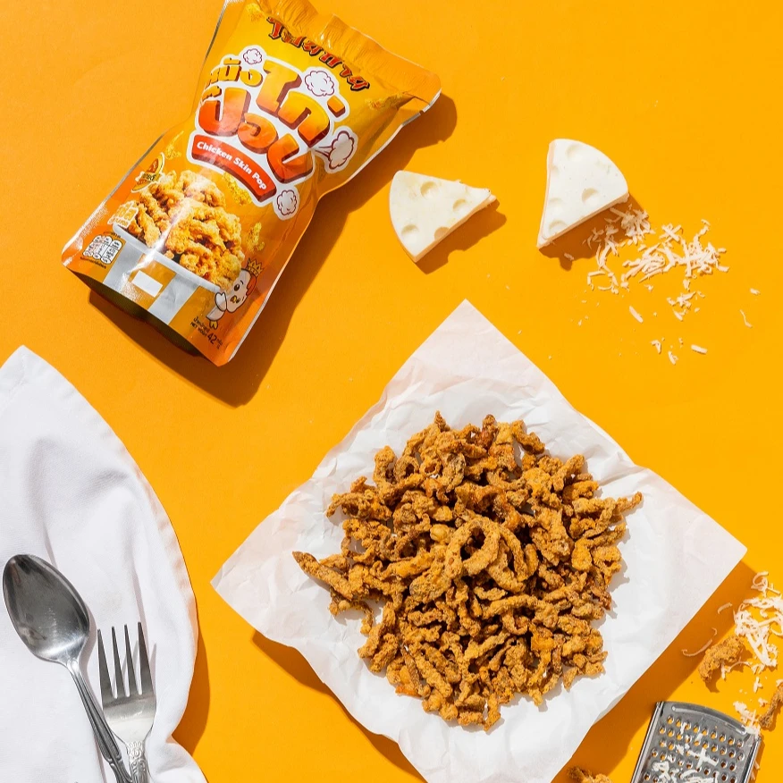 Poygai Crispy Fried Chicken Skin Pop Cheese Flavor 42 g. Premium Quality from Thailand 2022 New Product Hot Selling 4 favors