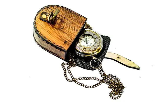 Brass pocket watch with lid and leather case  customizable pocket watch chain custom pocket watch
