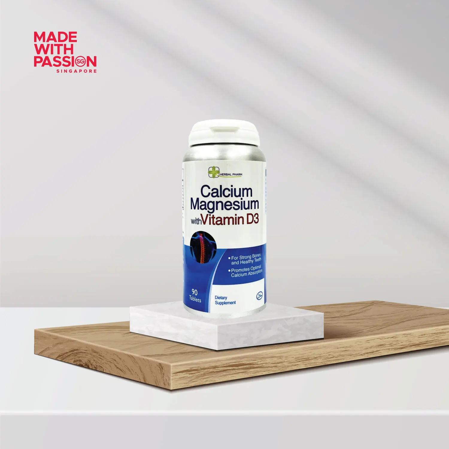 Singapore Healthcare Supplement Factory Halal Certified 100% Natural Calcium Magnesium with Vitamin D3 90s Tablets