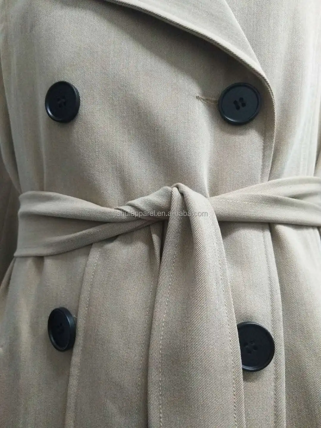 Custom Jacket Collar Double Breasted Belted Tailored Modest Coat Long Sleeve Women Trench Coats