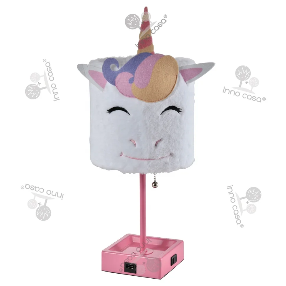 BKLT-PV6 China Manufacturer Modern Brown Metal Plush Cartoon Reading Unicorn table lamp with plush shade USB port AC outlet