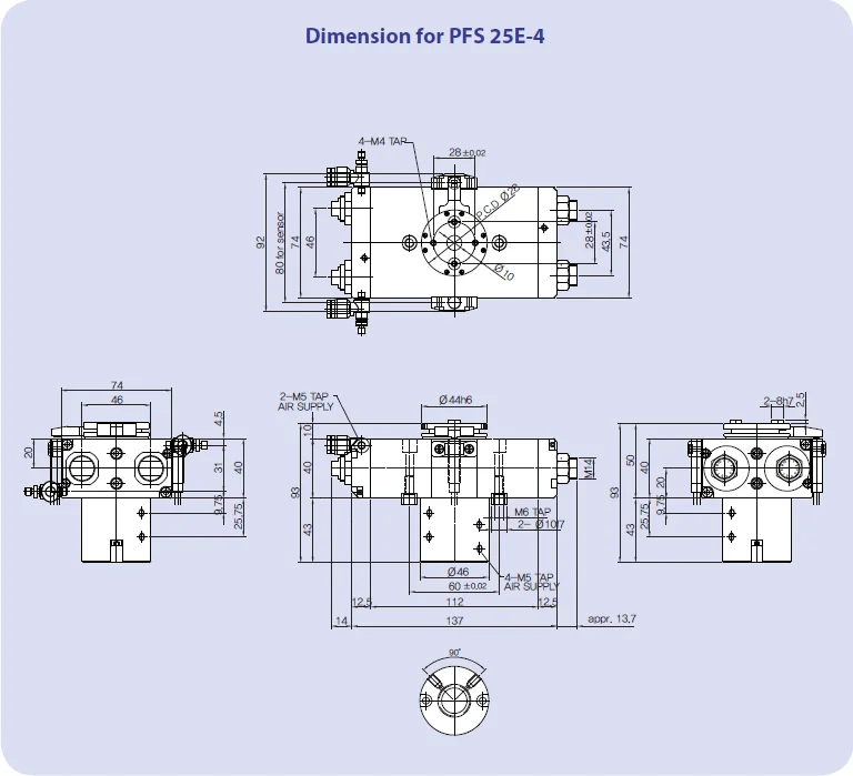 Плоский Поворотный Блок (2p) PFS 25E крутящий момент при 6 бар (N) 3 Нм страница 23-24 пневматический материал AL (с твердым покрытием)