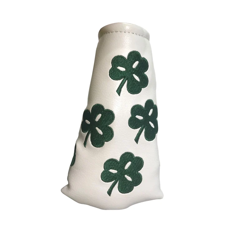wholesale white pu Green Shamrock stitched golf blade putter club head covers with magnet closure