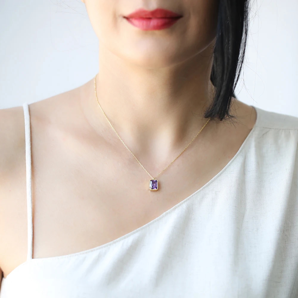 Amethyst Crystal Square Shape Stone Minimalist Pendant Wholesale Handmade 925 Silver Sterling Necklace