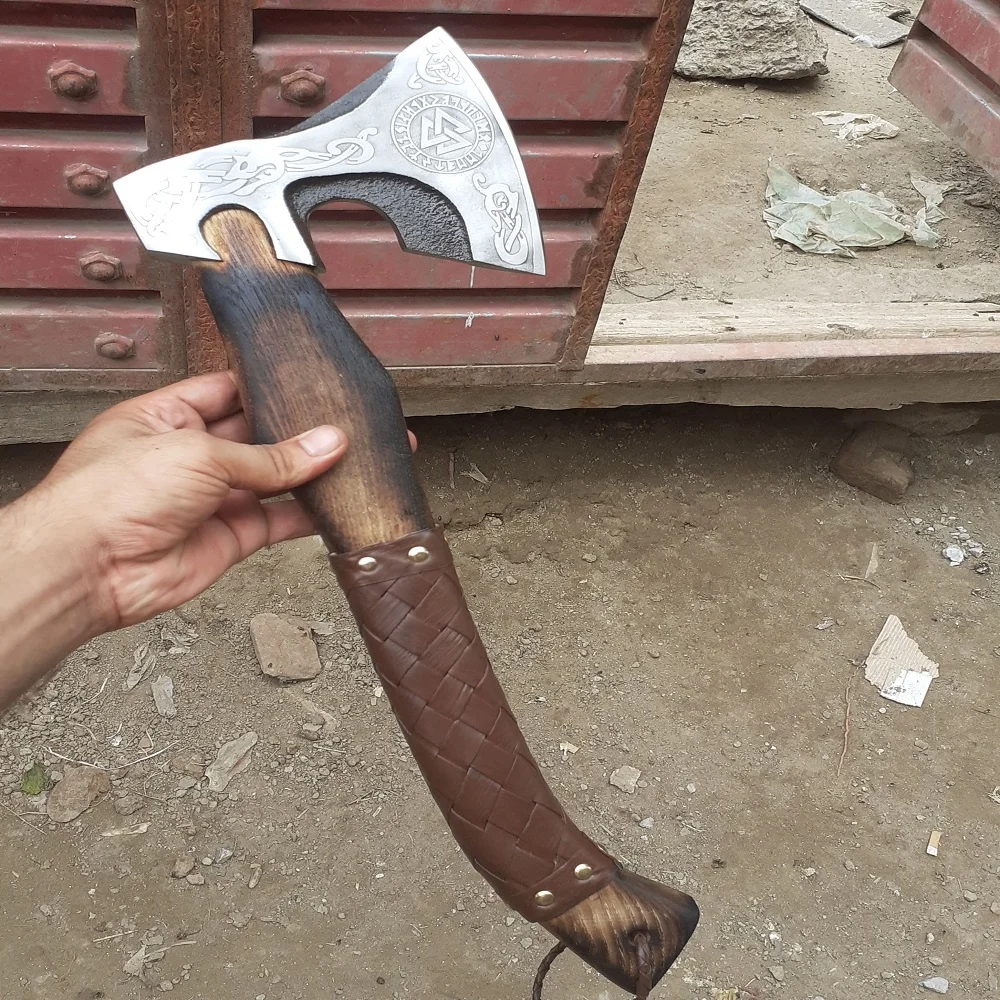 Hand Forged Viking Axe with Etching on the Head and Handle engraved by hand Decorative Fantasy Viking Axe