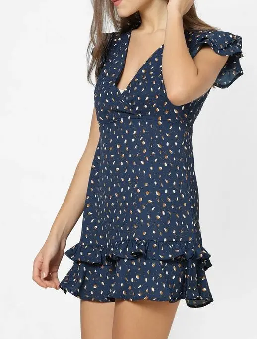 
Wholesale Women Lady Fashion Western Style blue Print polka dress with ruffles Dress 