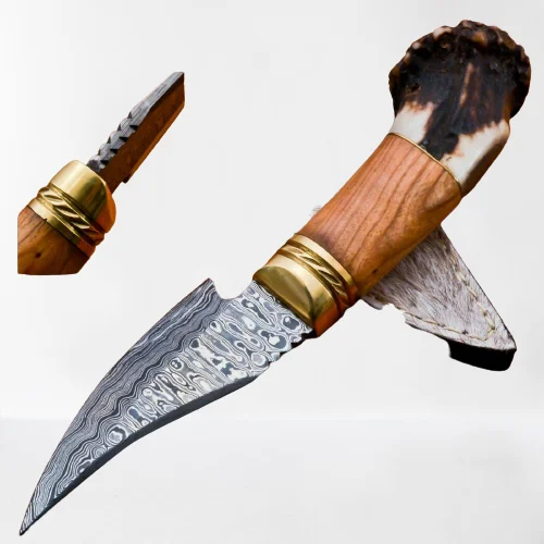 
Изготовленный на заказ ручной работы Дамасская сталь мини Боуи нож с ручкой короны оленя 