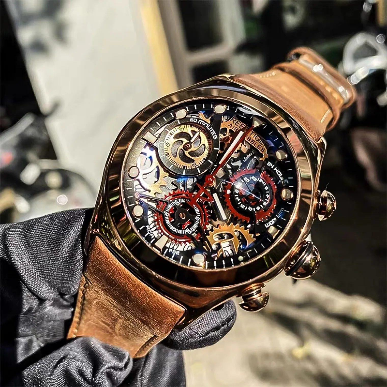 Reef Tiger Mens Sport Watches with Chronograph Skeleton Dial Date Three Counters Luminous Steel Watch RGA792