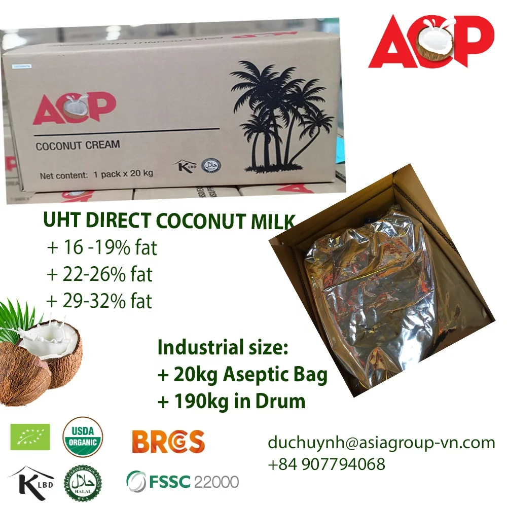 
UHT Coconut Milk/ Cream for industrial / retail size - Aseptic bag 20kg or drum 190kg, 1000ml, 330ml 