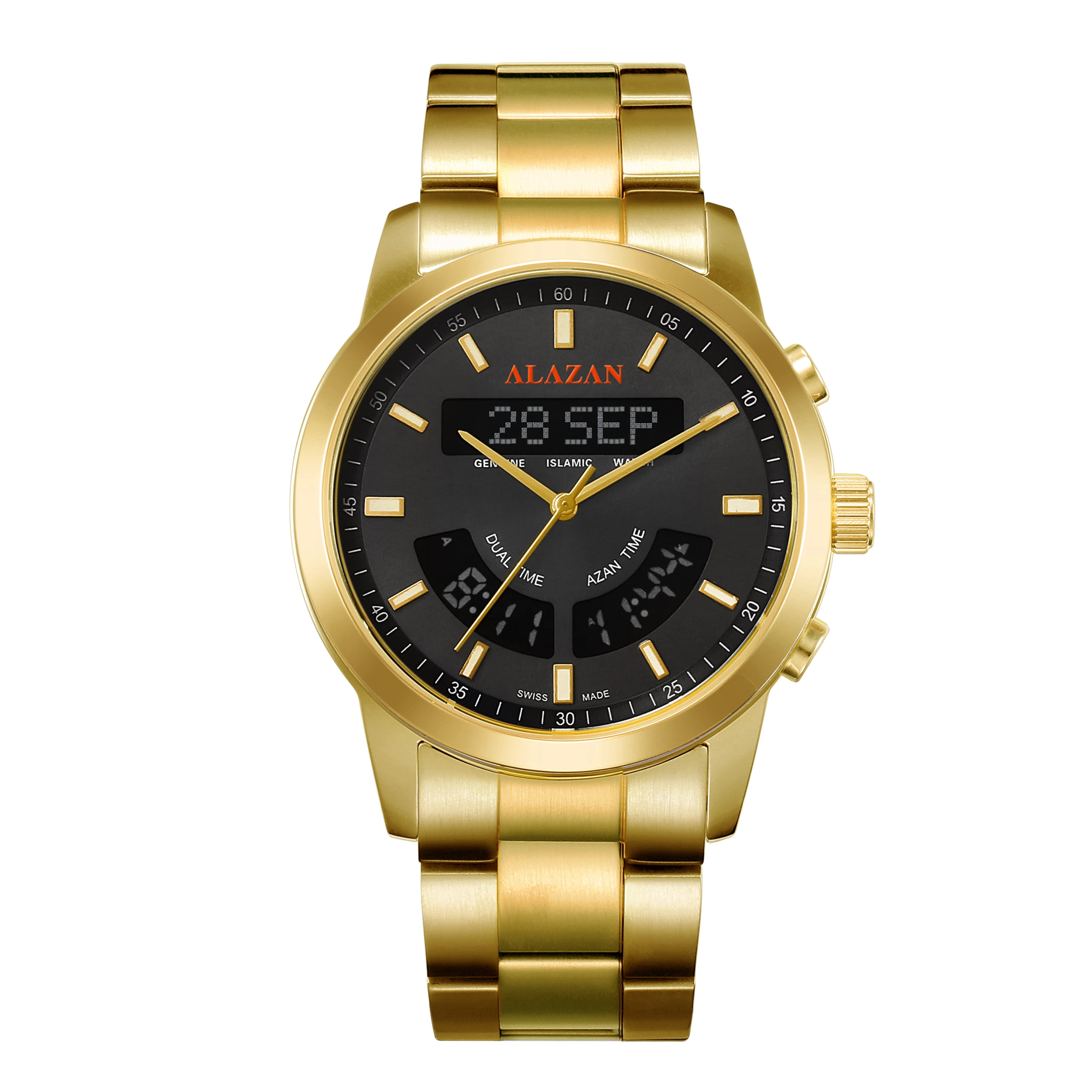 alazan Islamic alasr muslim azan alfajr summon Stainless steel prayer  qibla compass waterproof  clock watch factory wholesaler