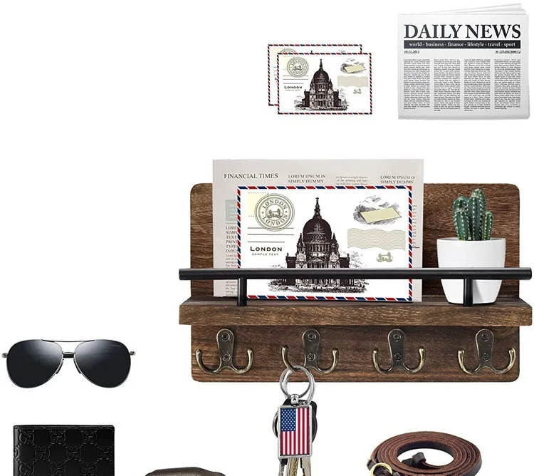 wall wooden key hooks rack wall-mounted mailbox storage holders wooden floating mail sorting shelf Mail Organizer 4 Double hooks