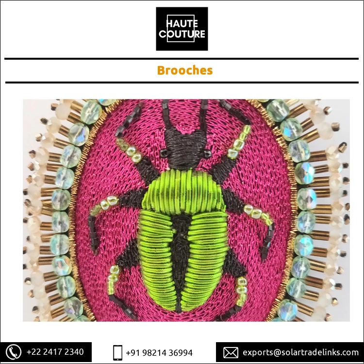 Oval Shape Handmade Fashion Jewelry Thread Embroidered Green Beetle Bug Brooch for Women