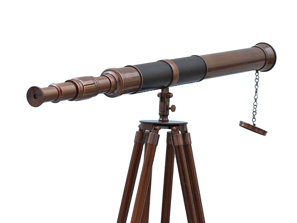 Antique Brass Telescope with Brown Leather Shelted Admirals Floor Standing Antique Copper with Wood Stand Telescope
