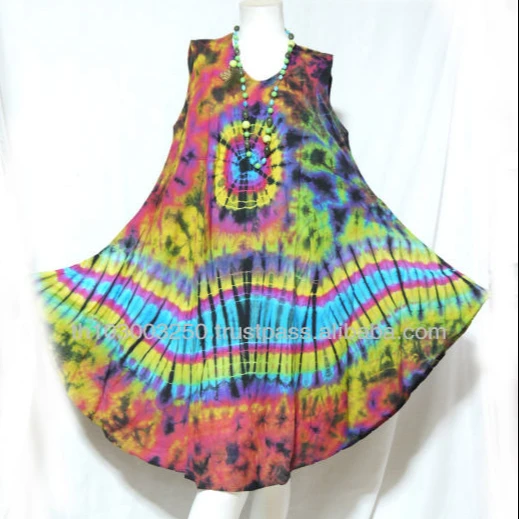 
Vintage Retro Thai Style HIPPIE BOHO FULL Tie Dye Handmade Polka Dot Butterfly Bat Wing Kaftan Tank Dress 