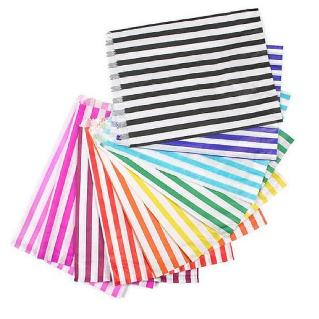 striped paper bags in bright multi coloured stripes in size 4 *6 inches suitable for packaging chocolates and candies