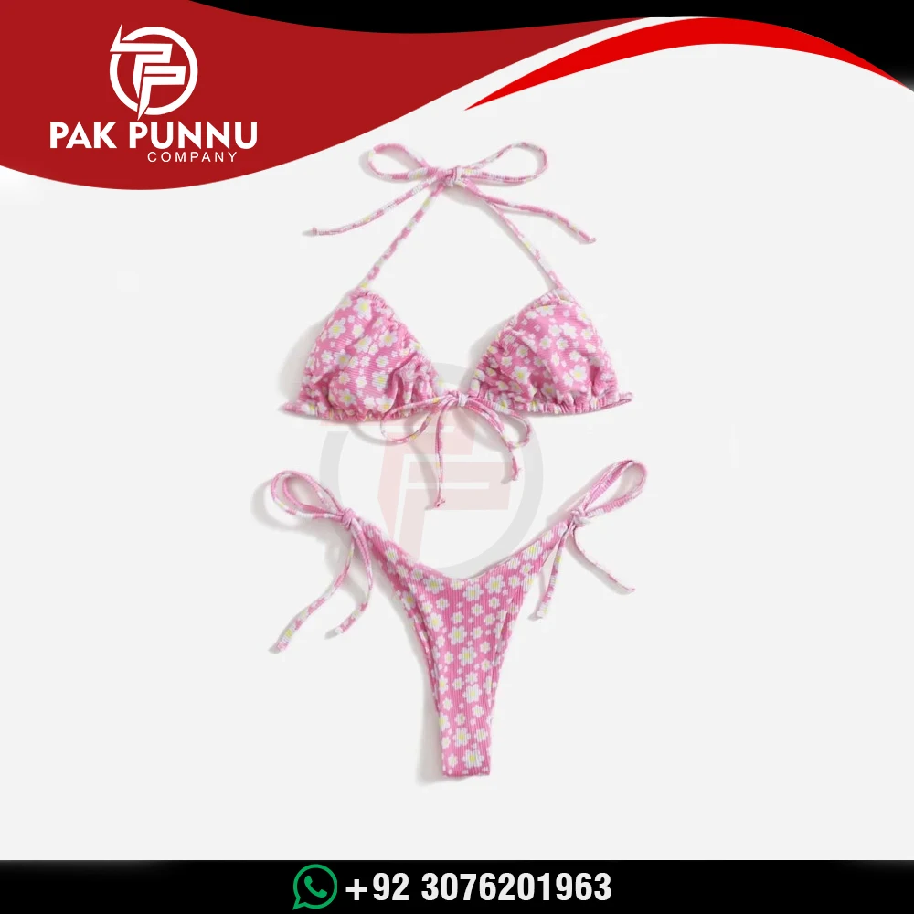 Ditsy Floral Halter Tie Side Bikini Swimsuit / Cute Pink Ditsy Floral Tie Side Thong Removable Padding Bikini Swimsuit For Women