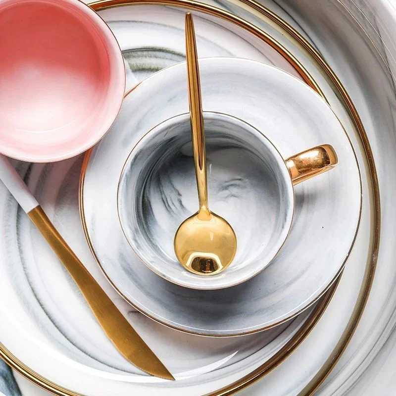 European style luxury simple ceramic coffee cup and saucer European style small luxury marbled afternoon tea cup set gift