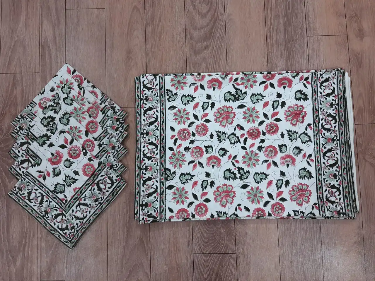 Premium Quality  Indian Cotton Hand Block Print Floral Table Mats & Napkin Set of 6 Napkins & 6 Mats